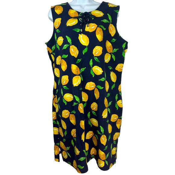 D & Company Navy Lemon Print Dress Beach Cover Up Lace Up Neckline Size L NEW - Picture 2 of 8